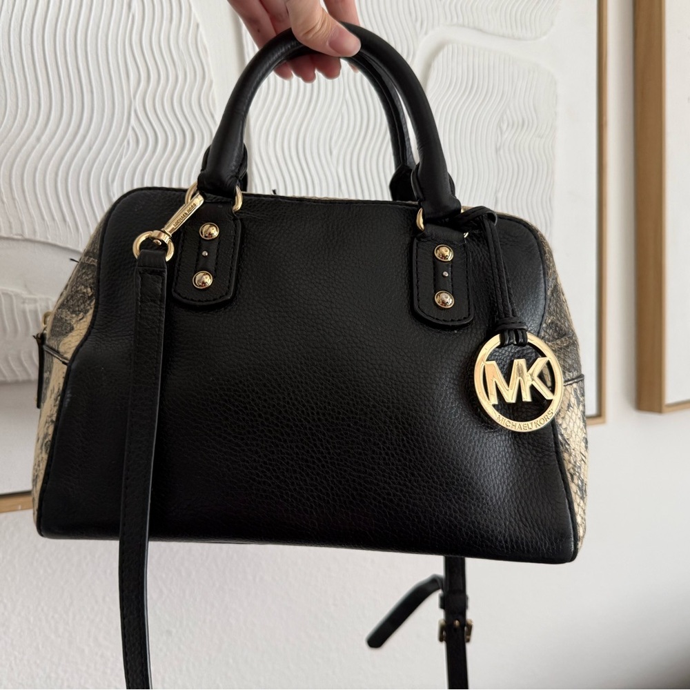 Michael Kors Black Leather Satchel with Snakeskin Panels